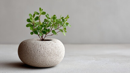 Minimalist plant in a stone pot on a neutral background.