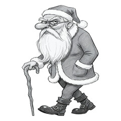 Elderly Santa cartoon walking with cane, Santa walking stick sketch, cranky old man drawing in monochrome style. 