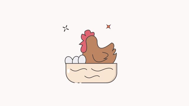 Animated Egg Laying Hen Flat minimal vector illustration of a hen sitting in a nest with eggs, symbolizing poultry farming, egg production, and agriculture.
