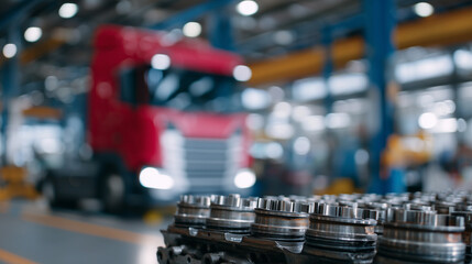 Close-up of diesel engine parts, metallic textures and mechanical complexity emphasized, red truck blurred behind, industrial repair environment