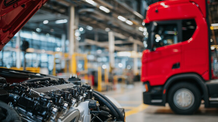 Naklejka premium Detailed shot of heavy truck engine in repair, metallic surfaces, hoses, and connectors prominent, red truck softly blurred, workshop ambient light