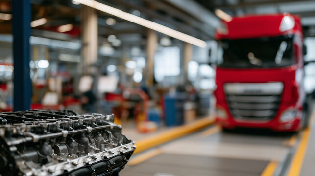Disassembled diesel engine close-up, mechanical textures and components highlighted, red truck in background blurred, auto repair shop atmosphere - Powered by Adobe