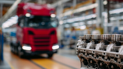 High-resolution view of disassembled truck engine, cylinder block and gear components detailed, blurred red truck in background, maintenance focus