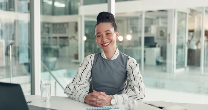 Happy woman, face and analyst with documents in office for company performance or revenue. Portrait, female person or accounting with smile, laptop or graph for corporate statistics in workplace