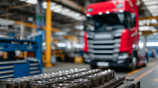Engine repair close-up, heavy truck diesel parts arranged for service, metallic surfaces and textures highlighted, red truck softly blurred in workshop