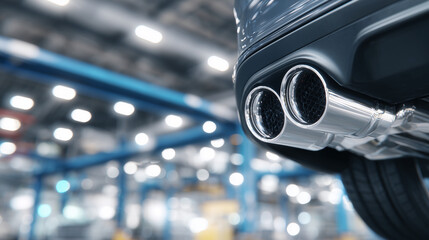 High-detail close-up of modern car exhaust pipes, chrome reflecting workshop lights, performance-oriented design emphasized
