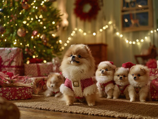 A festive Pomeranian in a Santa outfit enjoys the holiday season under a twinkling tree, surrounded by gifts and warm lights
