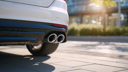 Perspective view of dual exhaust tips on modern sports car, polished metallic surfaces catching sunlight, performance and style highlighted
