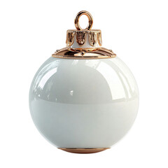 Glossy White Christmas Ornament with Golden Top on Black Background.