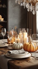 Elegant Thanksgiving Day table setting with decorative pumpkins and candles in a cozy dining space