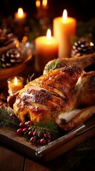 Succulent roasted turkey served on a wooden platter with autumn decorations for Thanksgiving celebration