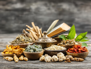 A serene homeopathic consultation table adorned with herbal remedies and traditional tools for holistic healing