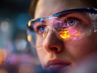 A scientist intently observes a vibrant chemical reaction reflected in safety goggles while the lab buzzes with activity