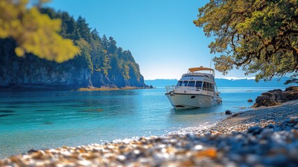 Fototapeta premium Scenic boat docked at tranquil cove. Lush greenery and rocky shores frame the calm turquoise water