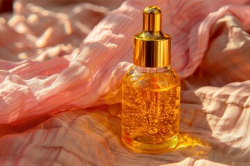 Elegant cosmetic oil bottle with gold cap on linen background in soft pastel hues