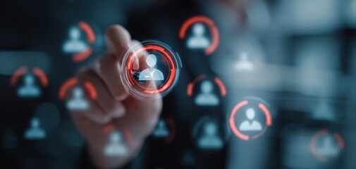 The hand selecting a user profile in a futuristic digital networking interface