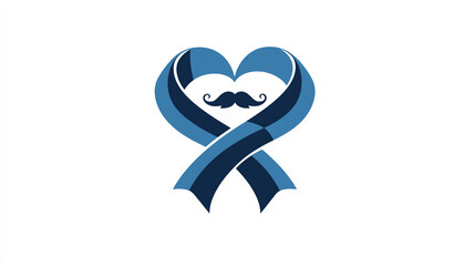 Blue awareness ribbon forming a heart and mustache. Prostate cancer support and men's health concept. Charitable campaign design.