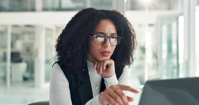 Reading, confused and business woman on laptop for proofreading report, article and website review. Mistake, office and person on tech for editing, check error and online content for digital magazine