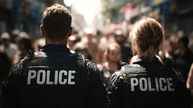 Vigilance in the Crowd: Two law enforcement officers, backs to the viewer, survey a densely populated gathering, their presence signifying order and security in an urban landscape.
