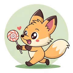 Adorable Chibi Baby Xenocyon Pup With Sparkling Eyes Excitedly Chasing A Bright Colorful Lollipop, Cute Cartoon Style, Playful Kawaii Puppy Character In Whimsical Pastel Design