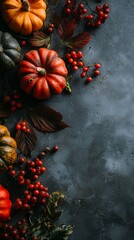 Colorful pumpkins and berries arranged for Thanksgiving celebration on dark background
