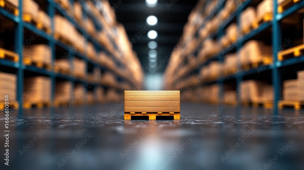 Aufkleber storage large warehouse filled with rows of neatly stacked inventory in a distribution center.