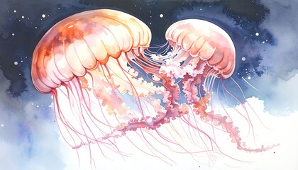 Two jellyfish drift in a cosmic sea