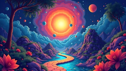 A vibrant cosmic scene features a glowing sun surrounded by multiple planets. The foreground has a winding river through a fantastical terrain.