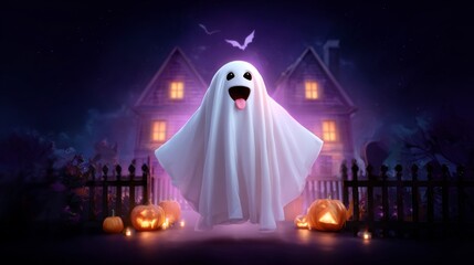 Friendly ghost floating over pumpkins in front of a spooky house at night for Halloween celebration. Adorable cartoon spirit.