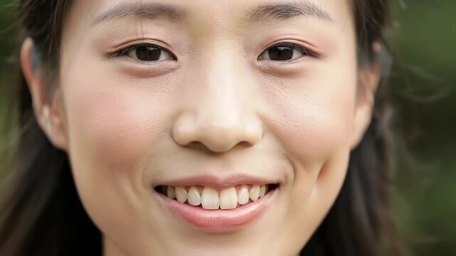 Close-up of smiling Asian woman, happy with dimples, teeth, eyes, and face in natural light.