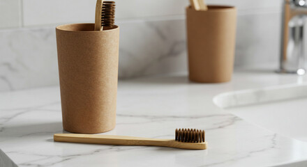 Eco-friendly bamboo toothbrushes and holders on elegant marble countertop for sustainable bathroom aesthetic
