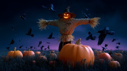 Fototapeta premium Glowing Jack o lantern scarecrow in a pumpkin patch with flying crows at night. Halloween holiday scene with spooky concept for design element.