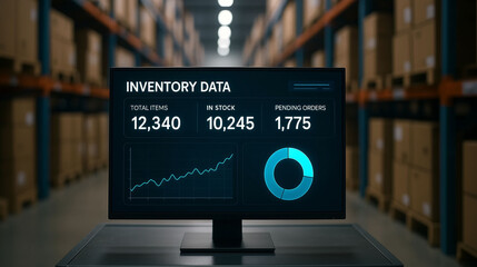 Inventory data dashboard in warehouse showing stock levels product availability pending orders and logistics tracking
