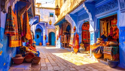 Fototapeta premium Vibrant blue alleyway market scene