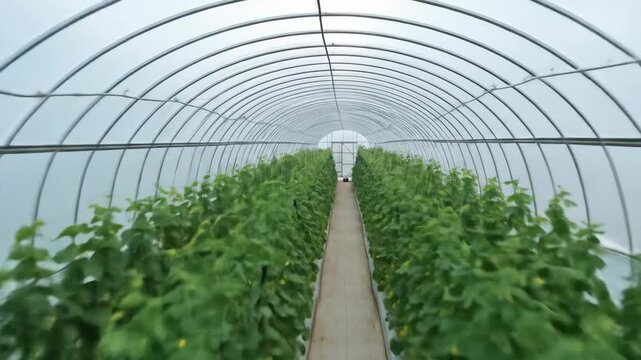 A long view of crops growing under a polyethylene arched tunnel greenhouse, A high tunnel filled with rows of vegetable plants