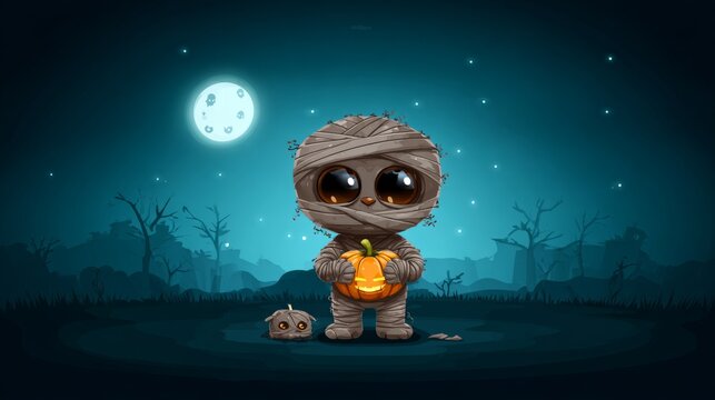 Cute mummy cartoon character holding a glowing jack-o-lantern under a full moon at night, Halloween spooky concept.