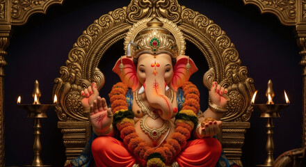 Fototapeta premium Statue of Ganesha sitting on an ornate throne with lit candles against a dark background