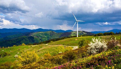 Wind turbine on a hillside, spring blooms