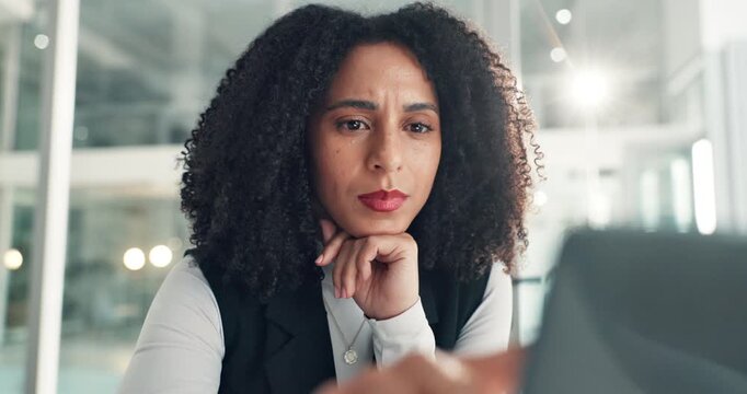 Reading, office and business woman on tech for proofreading report, article review and research. Confused, company and person online for editing, check website content and story for digital magazine