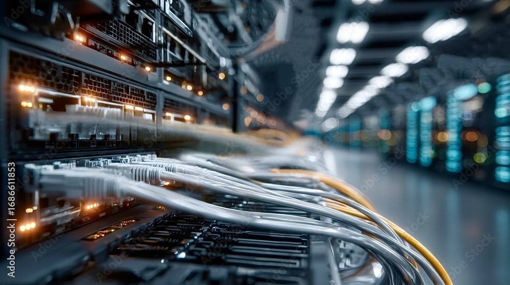 Poster server room cables connecting to datacenter network hardware
