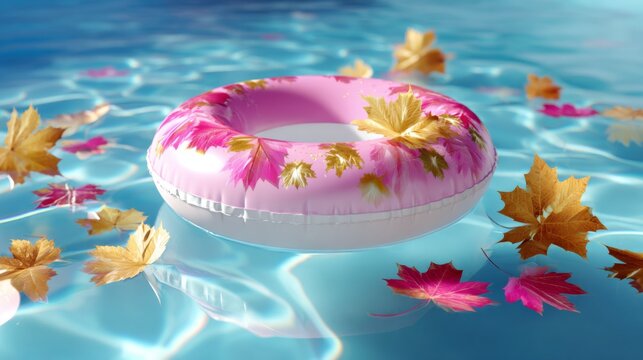 Pink inflatable swimming ring in a bright blue pool with floating autumn maple leaves. Fall season concept for pool closing.