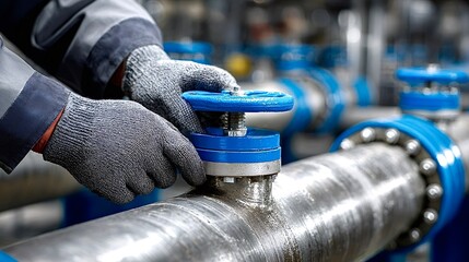 Technician adjusting industrial valve in pipeline system
