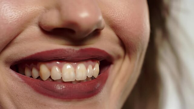 Close up of woman laughing showing perfect white teeth and beautiful red lips. Dental care and healthy lifestyle concept.