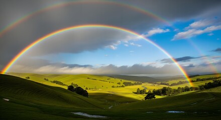 Fototapeta premium Spectacular Double Rainbow Arches Over a Sunlit Valley of Lush Green Rolling Hills.