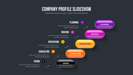 Digital Plan 5 Option Diagram Slideshow Template. Corporate Profile Five Step Infographic Frame Layout. Creative Launch Presentation Design Vector Illustration.