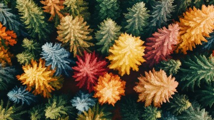 Aerial top view of a colorful forest with various autumn tree colors. Outdoor nature background for season concept.