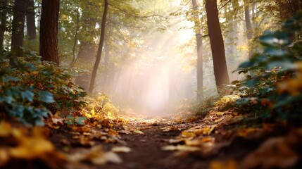 Obraz premium Sunlit forest path in autumn with golden leaves and misty rays filtering through trees. Scenic nature trail for hiking and peace.