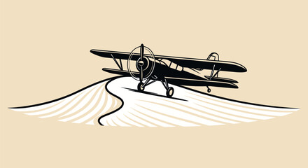 Vintage biplane aircraft with propeller on a runway. © anidaahza