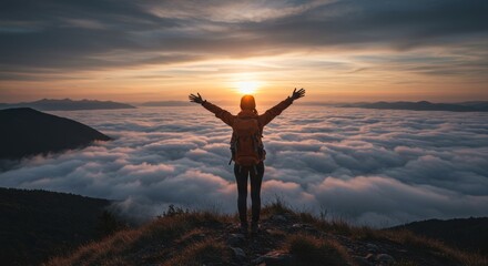 Woman with arms outstretched gazing at sun setting over cloud covered mountain peaks. Freedom concept. Adventure travel.