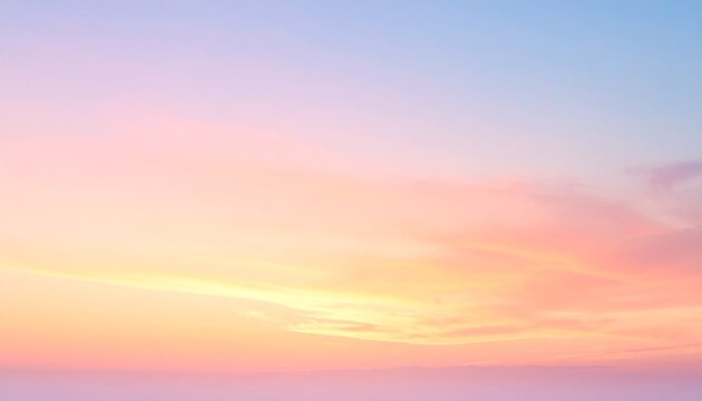 A serene sunset sky with soft pastel hues of pink, orange, and yellow blending smoothly into each other, casting a warm, peaceful glow over the horizon and evoking calmness and natural beauty.